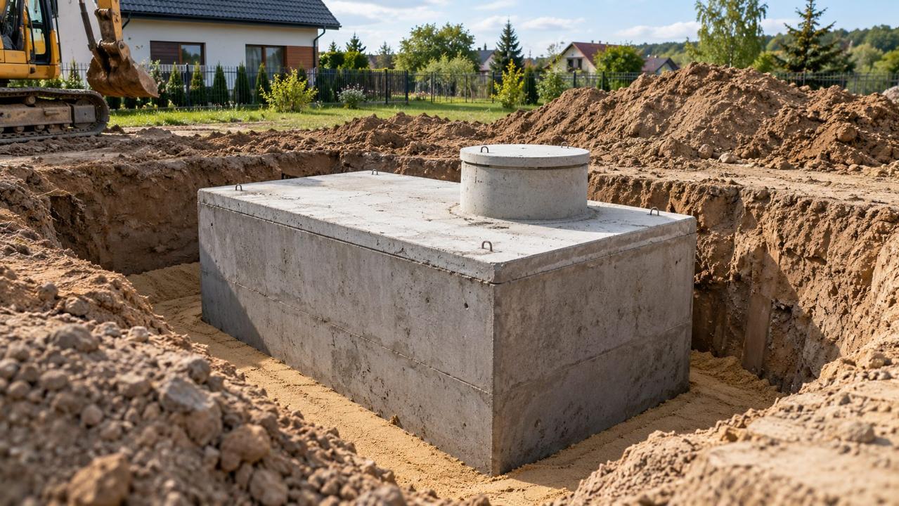 Betonowy zbiornik na nieczystości w wykopie na działce — ilustracja wygenerowana komputerowo